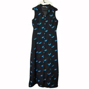 Vintage 90s Black Blue Floral Maxi Dress Size 10 Button Front Collar - Y2K Boho
